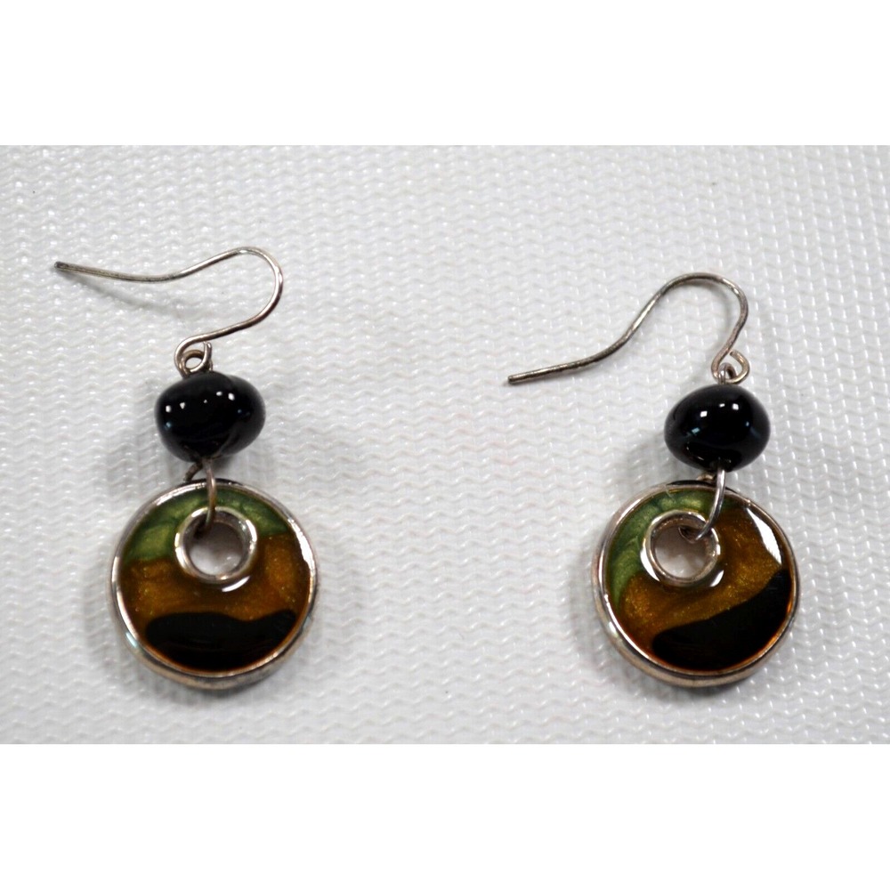 Silver‎ Tone Hook Dangle Pierced Earrings Enamel Coated Ring w/ Black Bead 1.5"
